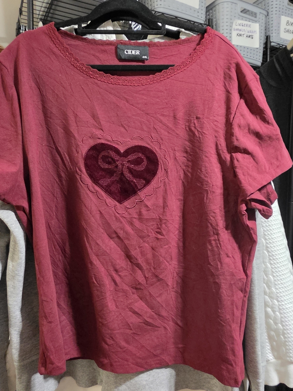 Cider Women's Rose Red Heart Appliqué Short Sleeve Top